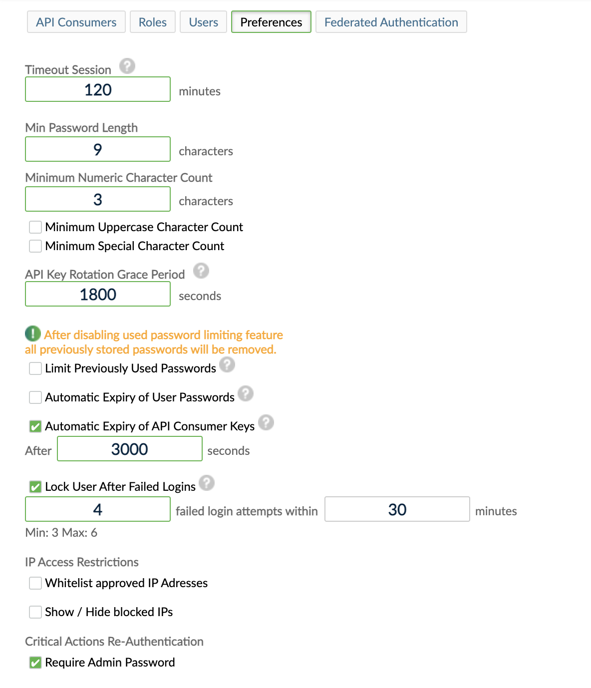 All the available Access Preferences